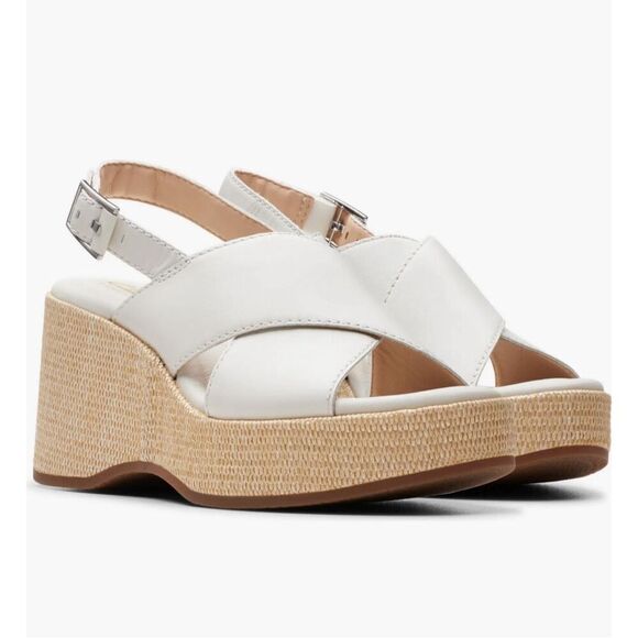 Clarks White and Tan Heeled Sandals - Picture 1 of 9